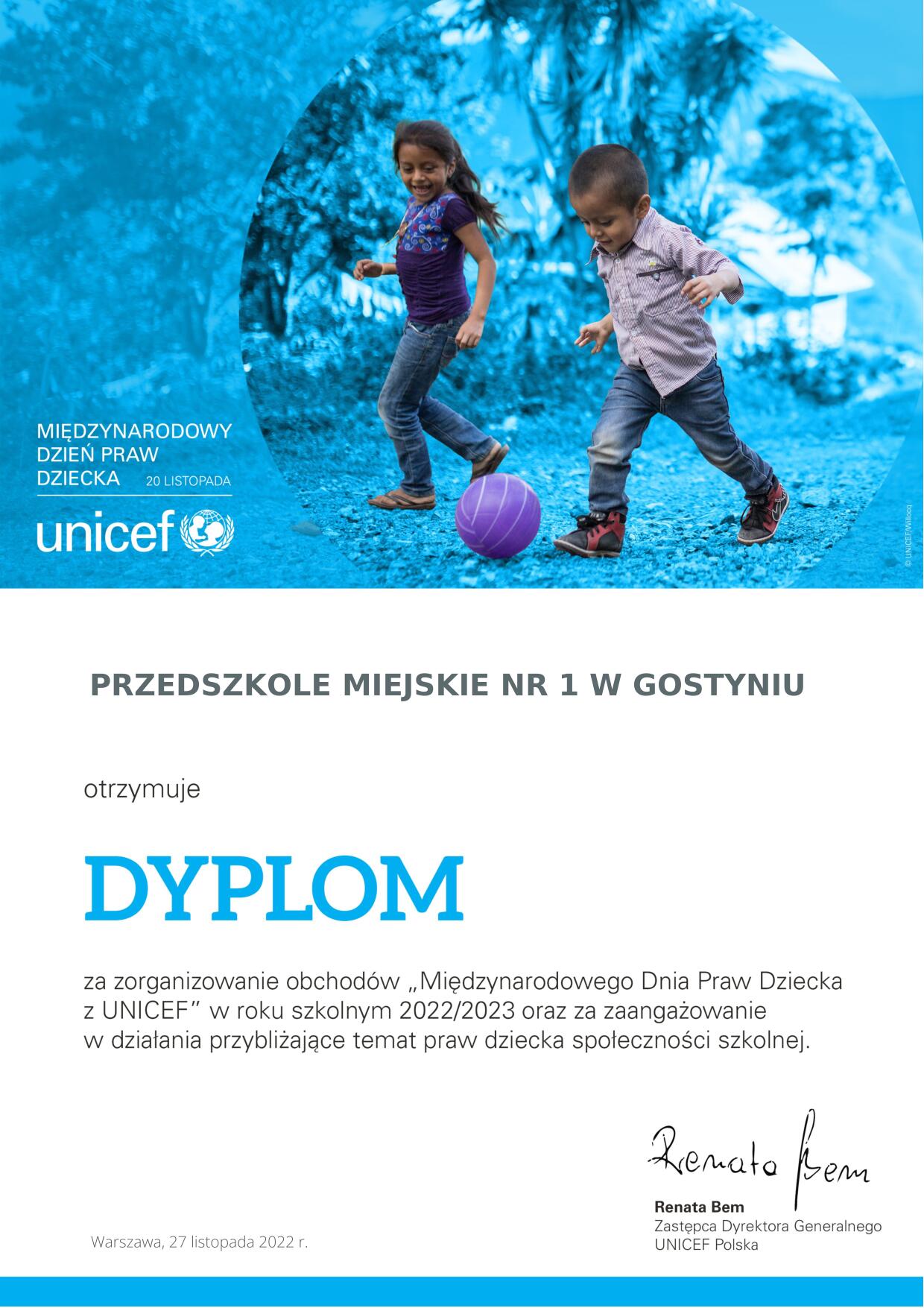 Zaświadczenie UNICEF